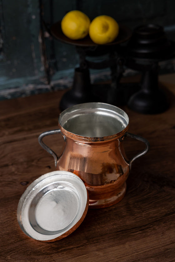 Antique French Copper Canister with Hand-Forged Iron Handles & Hammered Finish, c.1880