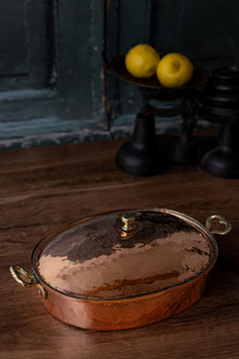  Antique French Copper Oven Baking Dish with Dome Lid & Brass Handles, c.1880