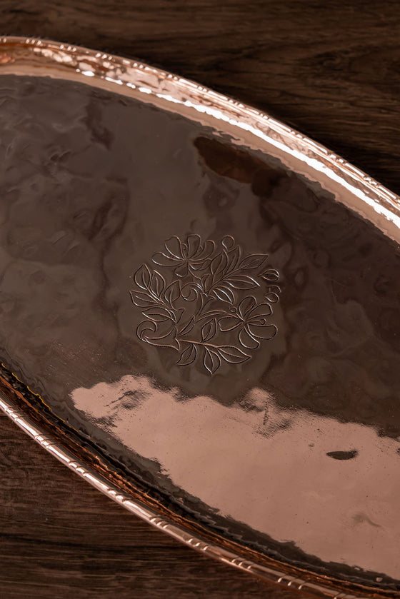 Antique English Copper Tray by Hugh Wallis with Etched Floral Motif, c.1880