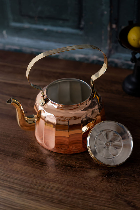 Antique German Copper Tea Kettle with Scalloped Body & Brass Accents, Rein Kupfer, c.1910