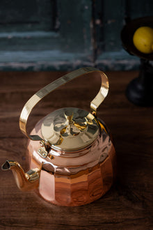  Antique German Copper Tea Kettle with Scalloped Body & Brass Accents, Rein Kupfer, c.1910