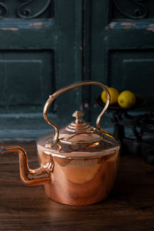 Antique English Copper Round Kettle with Gooseneck & Brass Handle, c.1850